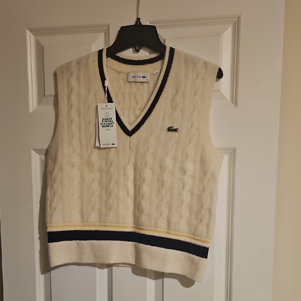Lacoste Cream Cable-Knit V-Neck Sweater Vest with Navy & Yellow Trim Size 10